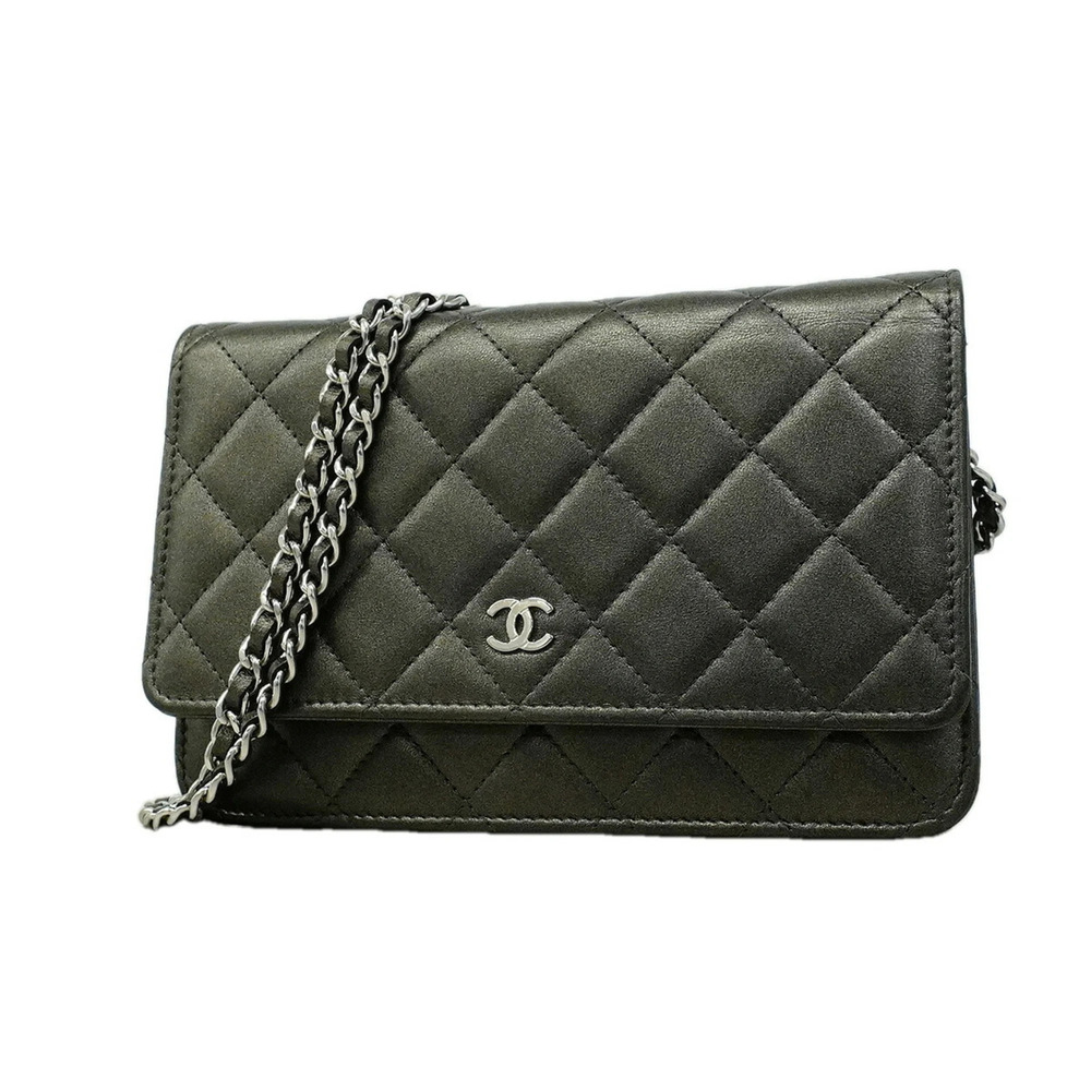 Chanel Matelassé Chain Shoulder Wallet, Lambskin, Gray, Women's, P3505168